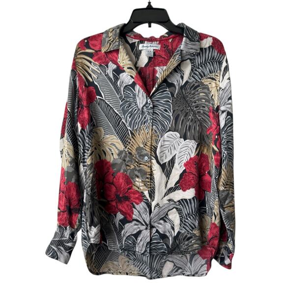 Tommy Bahama Black Red Tropical Floral 100% Silk Womens Blouse Button up Shirt M - Picture 1 of 7